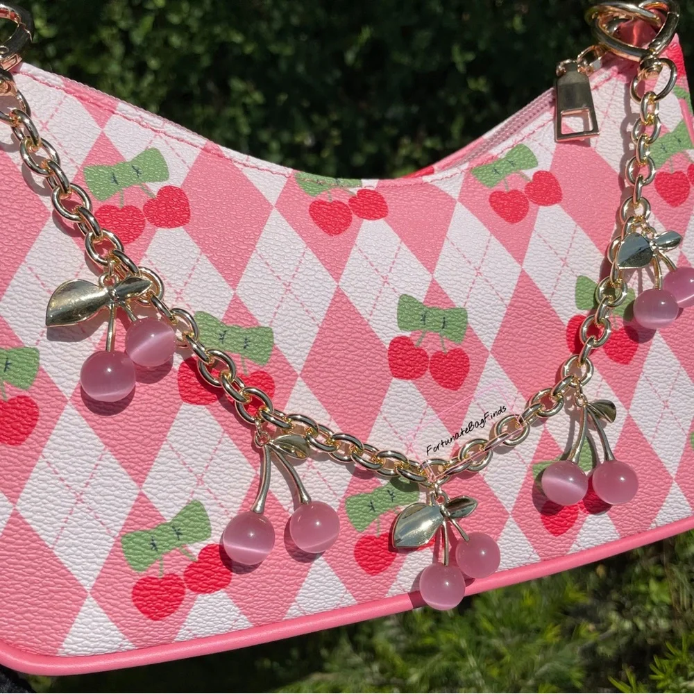 Pink Crystal Cherry Bag Charm Chain Novelty Purse Strap Baby Pink Cherries Charm - Picture 5 of 14